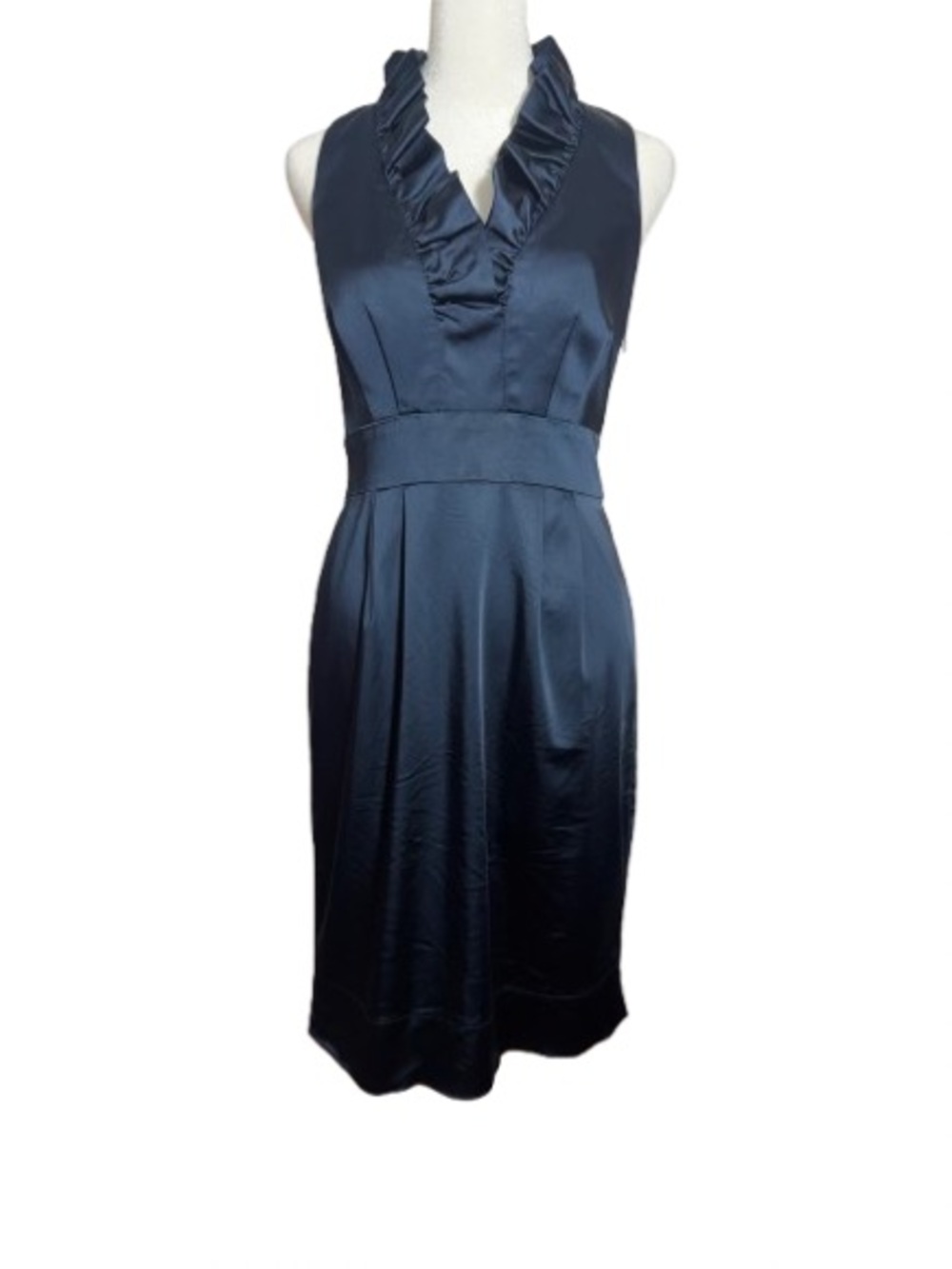 Taylor Satin Sleeveless Navy Ruffle V-Neck Midi Sheath Dress
